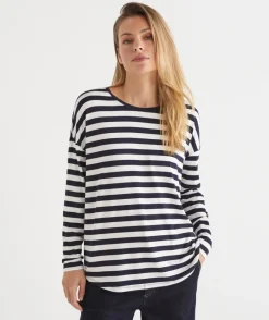 Sussan Tops>Long Sleeve Stripe Pleat Back Top -