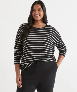 Sussan Tops|T-Shirts>Long Sleeve Stripe Pleat Back Tee -