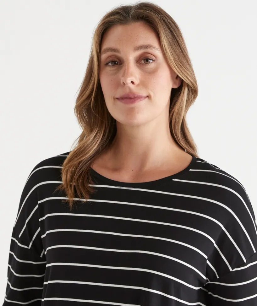 Sussan Tops|T-Shirts>Long Sleeve Stripe Pleat Back Tee -