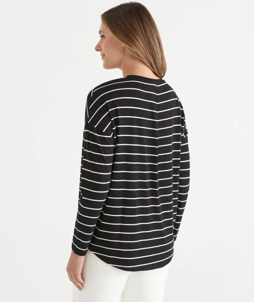 Sussan Tops|T-Shirts>Long Sleeve Stripe Pleat Back Tee -