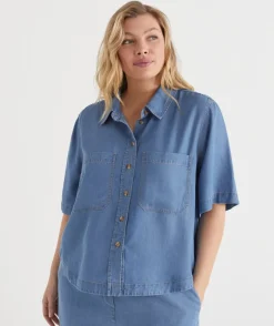 Sussan Tops|Matching Sets>Lyocell Scoop Hem Short Sleeve Shirt