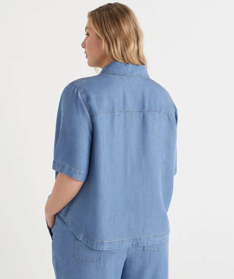 Sussan Tops|Matching Sets>Lyocell Scoop Hem Short Sleeve Shirt
