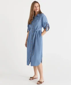 Sussan Dresses>Lyocell Short Sleeve Midi Shirt Dress