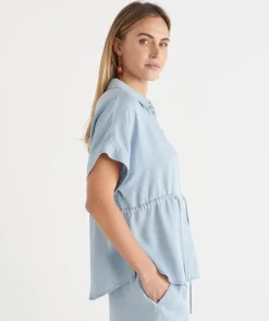 Sussan Tops|Matching Sets>Lyocell Tie Waist Short Sleeve Shirt