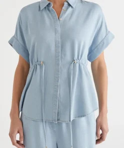 Sussan Tops|Matching Sets>Lyocell Tie Waist Short Sleeve Shirt