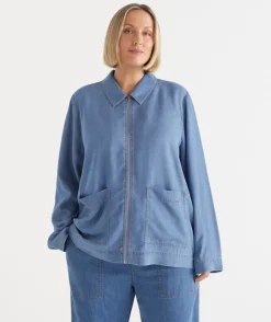 Sussan Jackets & Coats|Jackets>Lyocell Zip Front Collared Jacket