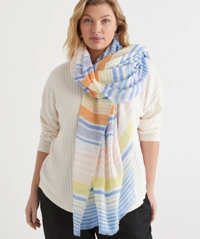 Sussan Scarves>Stripe Frayed Edge Scarf