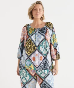 Sussan Tops|Matching Sets>Mosaic Print 3/4 Sleeve Blouse