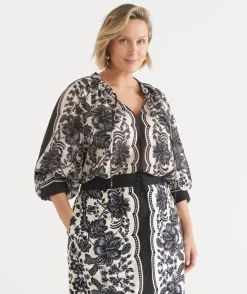 Sussan Tops|Matching Sets>Noir Bloom Long Sleeve Blouse