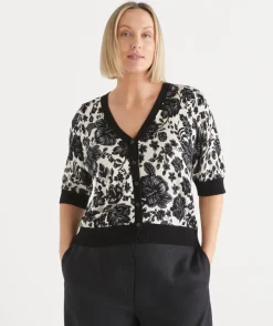 Sussan Tops|Matching Sets>Noir Bloom Short Sleeve Cardigan