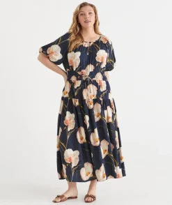 Sussan Dresses>Orchid Floral Short Sleeve Midi Dress