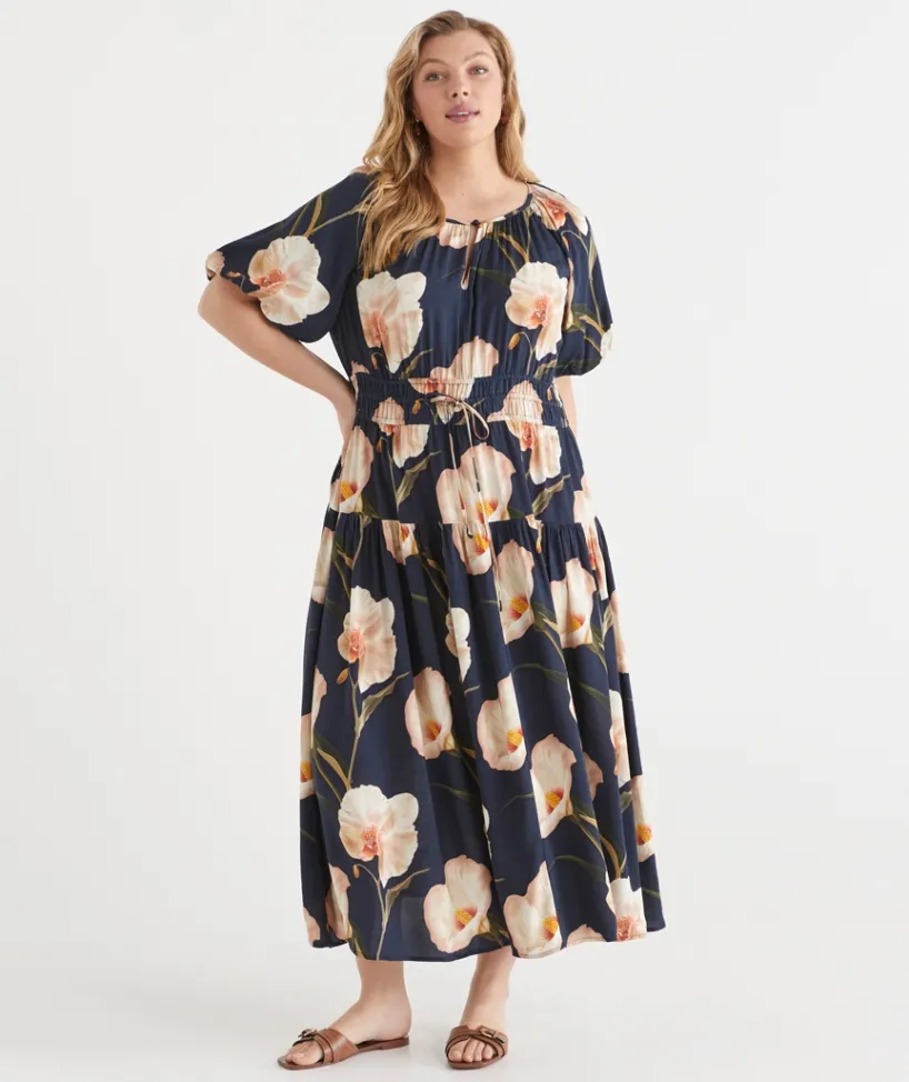 Sussan Dresses>Orchid Floral Short Sleeve Midi Dress