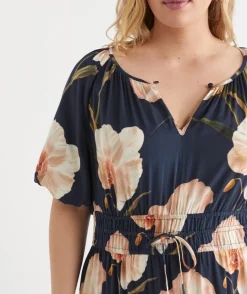 Sussan Dresses>Orchid Floral Short Sleeve Midi Dress