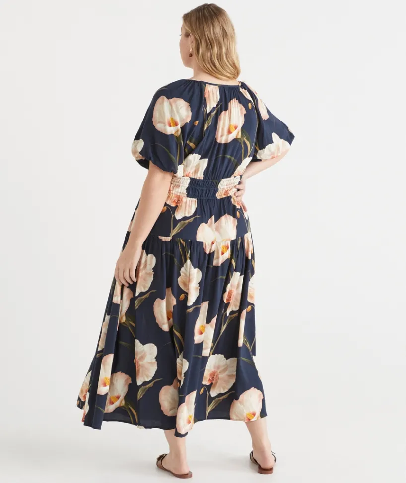 Sussan Dresses>Orchid Floral Short Sleeve Midi Dress