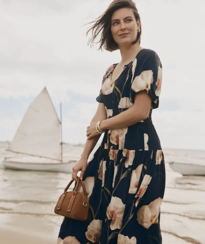Sussan Dresses>Orchid Floral Short Sleeve Midi Dress