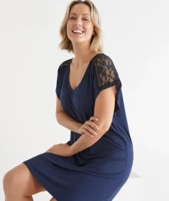 Sussan Nighties>Short Sleeve Navy Lace Nightie