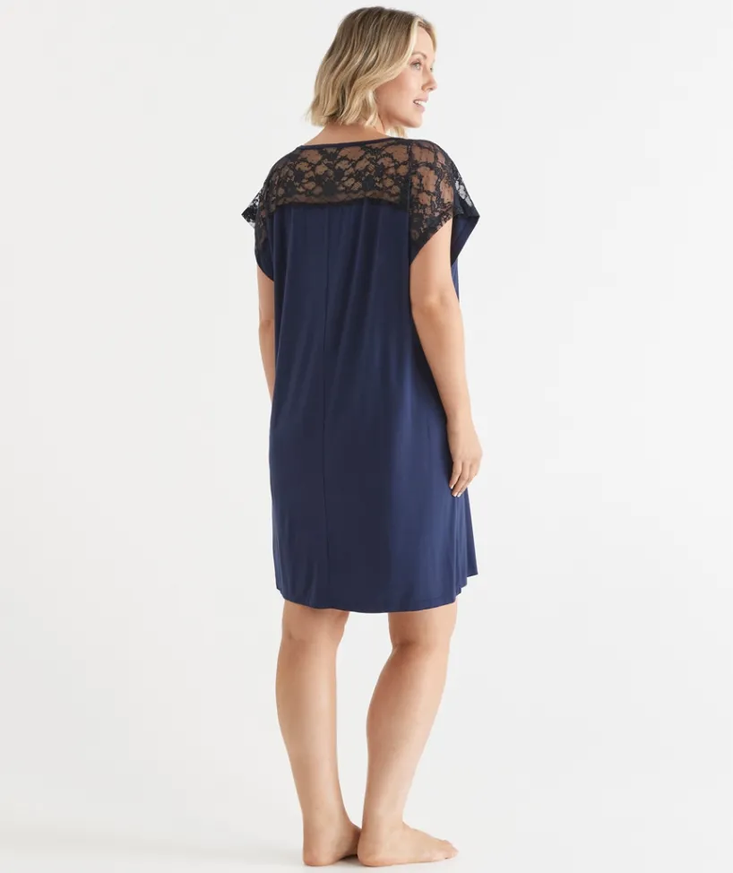 Sussan Nighties>Short Sleeve Navy Lace Nightie