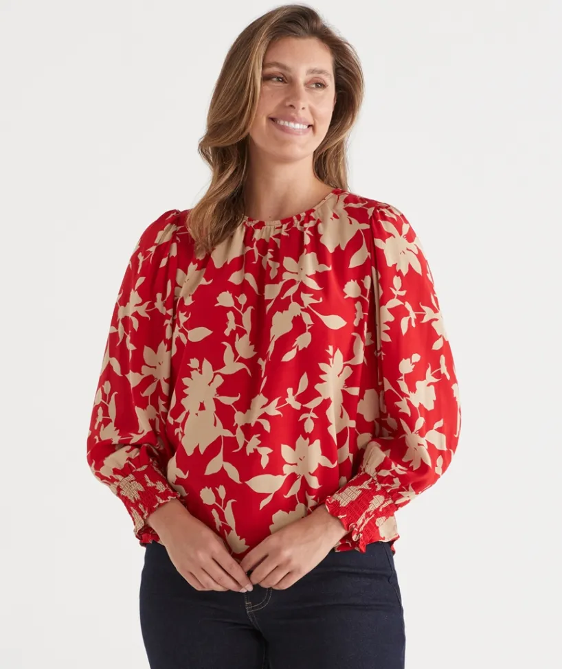 Sussan Tops|Shirts & Blouses>Silhouette Floral Print Long Sleeve Top - Red