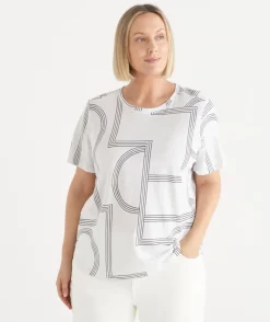 Sussan Tops|T-Shirts>Slub Geometric Crew Neck T-Shirt