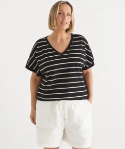 Sussan Tops|T-Shirts>Slub Stripe Dolman V Neck T-Shirt - Black