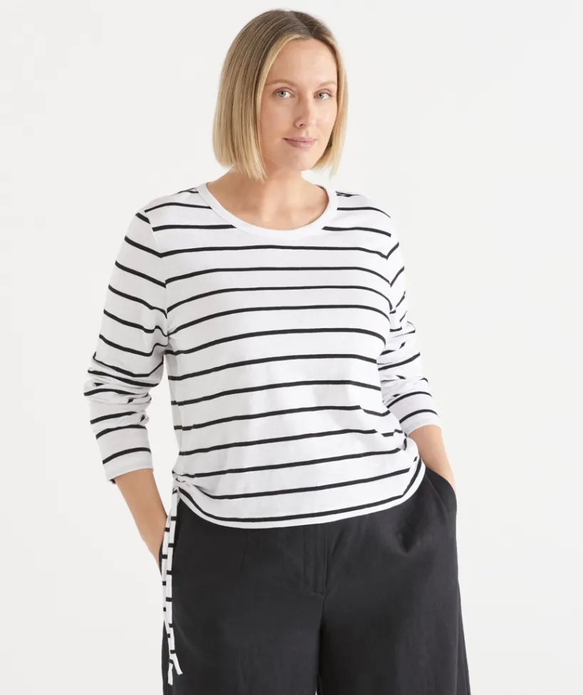 Sussan Tops|T-Shirts>Slub Stripe Long Sleeve Ruched Top