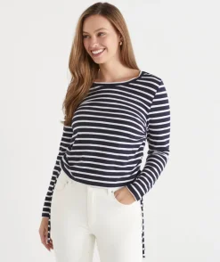 Sussan Tops>Slub Stripe Ruched Long Sleeve Top -