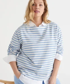 Sussan Tops|T-Shirts>Stripe Boat Neck Long Sleeve Top - Blue