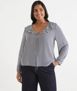 Sussan Tops|Shirts & Blouses>Stripe Frill Detail Long Sleeve Blouse
