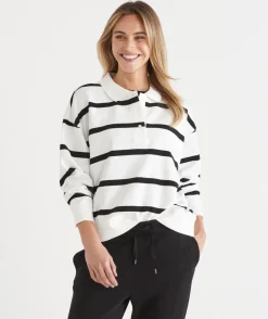 Sussan Tops|Loungewear>Stripe Henley Polo Jumper