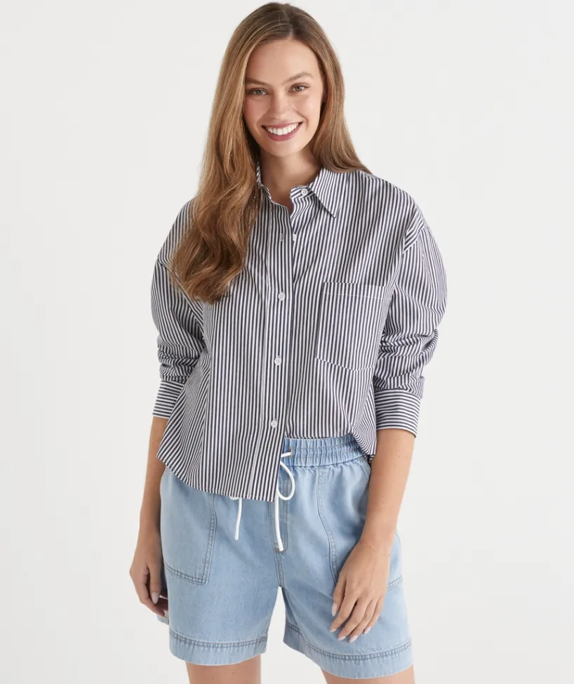 Sussan Tops|Shirts & Blouses>Stripe Long Sleeve Crop Shirt