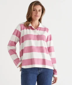 Sussan Tops|Denim>Stripe Long Sleeve Polo Rugby Top - Pink