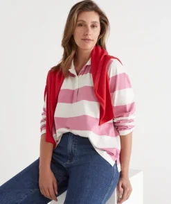 Sussan Tops|Denim>Stripe Long Sleeve Polo Rugby Top - Pink