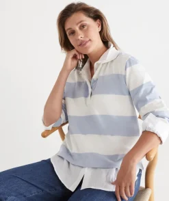 Sussan Tops>Stripe Long Sleeve Polo Rugby Top - Blue