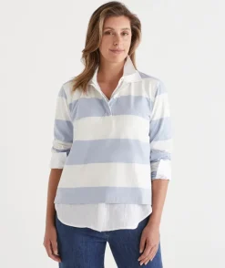 Sussan Tops>Stripe Long Sleeve Polo Rugby Top - Blue