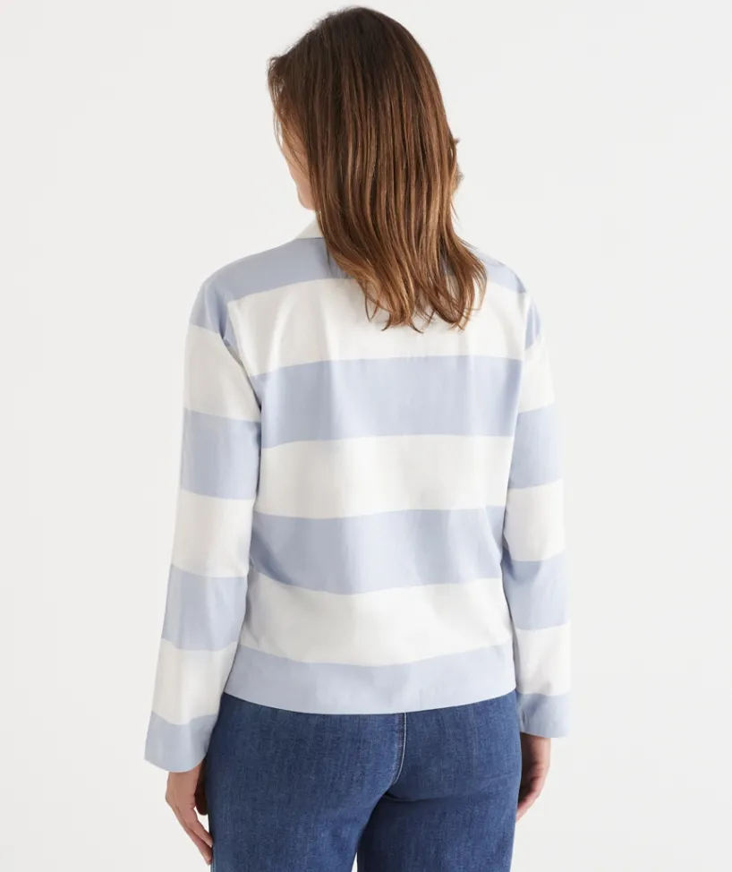 Sussan Tops>Stripe Long Sleeve Polo Rugby Top - Blue