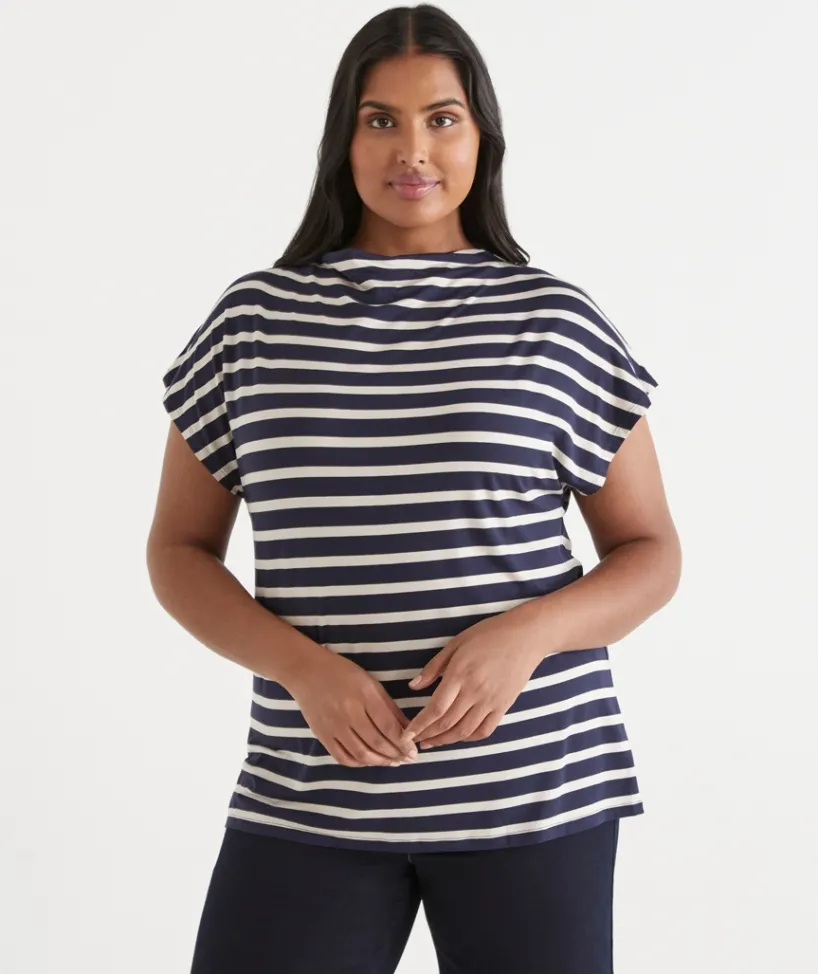 Sussan Tops|T-Shirts>Stripe Mock Neck Short Sleeve Tee -