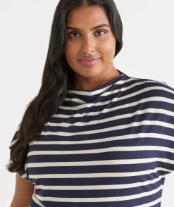 Sussan Tops|T-Shirts>Stripe Mock Neck Short Sleeve Tee -