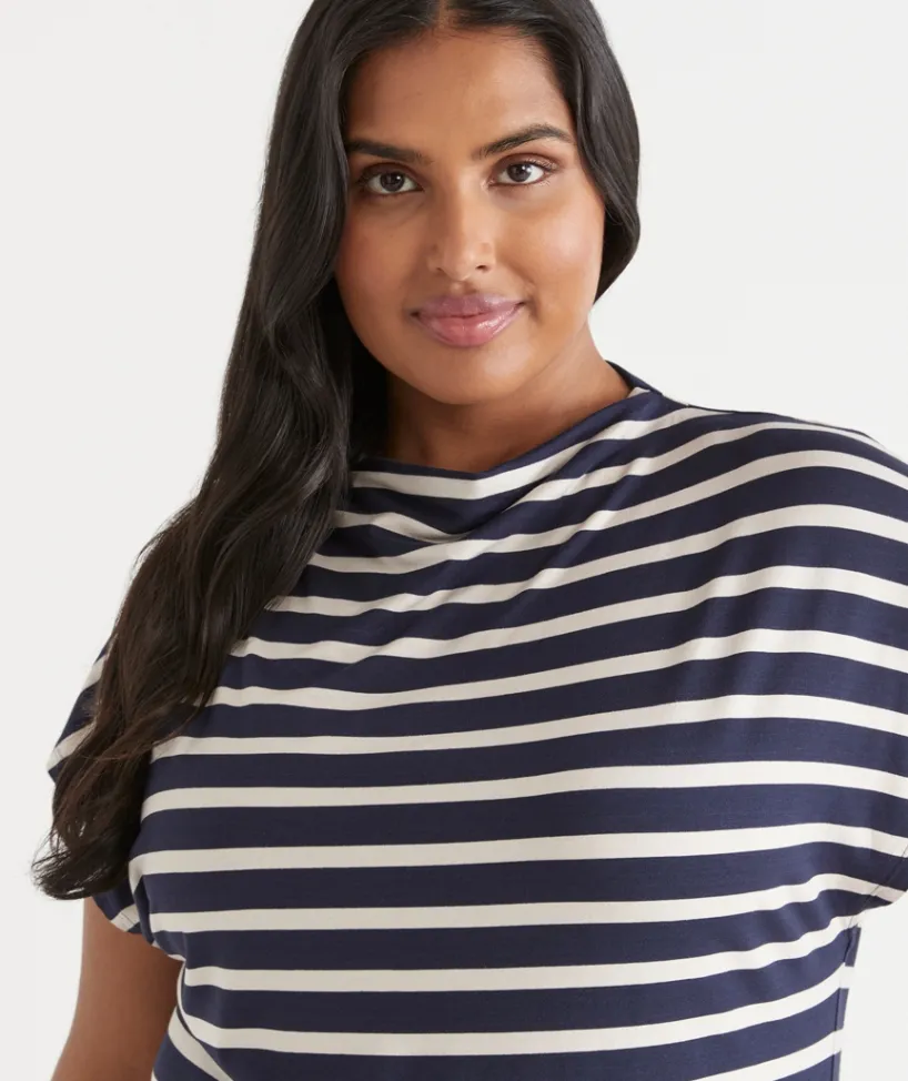 Sussan Tops|T-Shirts>Stripe Mock Neck Short Sleeve Tee -