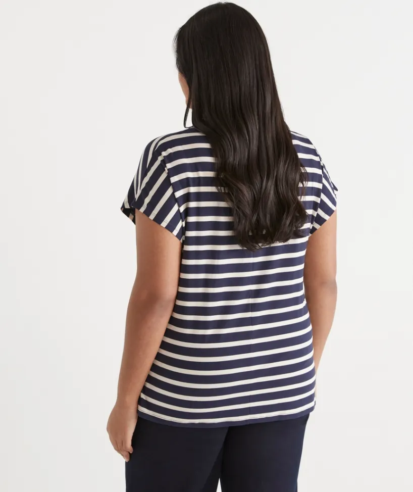 Sussan Tops|T-Shirts>Stripe Mock Neck Short Sleeve Tee -