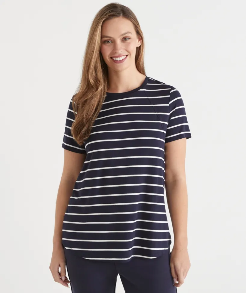 Sussan Tops|T-Shirts>Stripe Seam Detail Curve Hem Tee