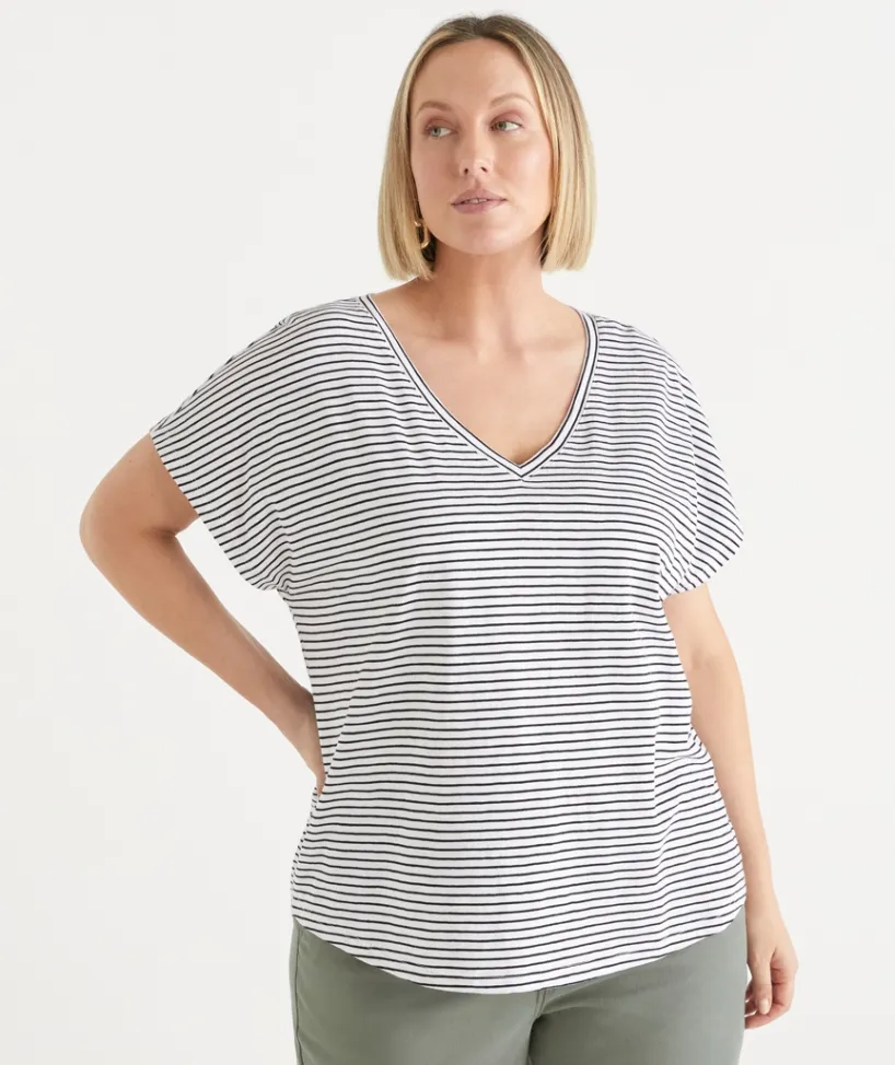 Sussan Tops|T-Shirts>Stripe Slub V Neck T-Shirt