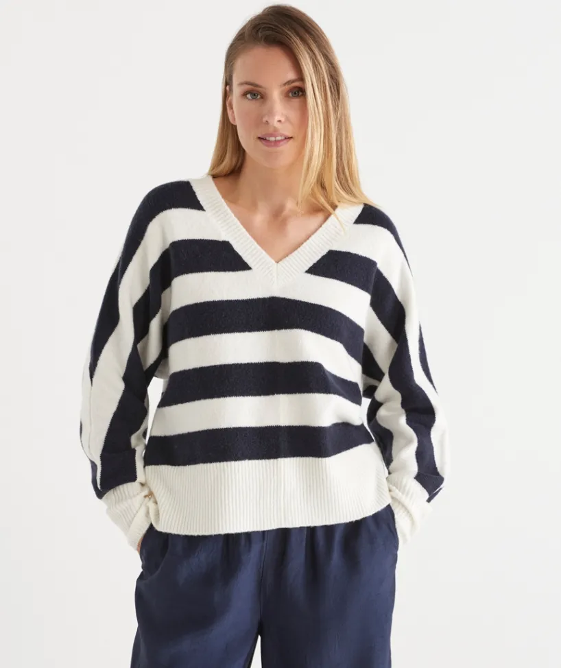Sussan Tops|Knitwear>Stripe V Neck Jumper -