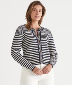 Sussan Knitwear|Knit Cardigans>Striped Crew Neck Cardigan -
