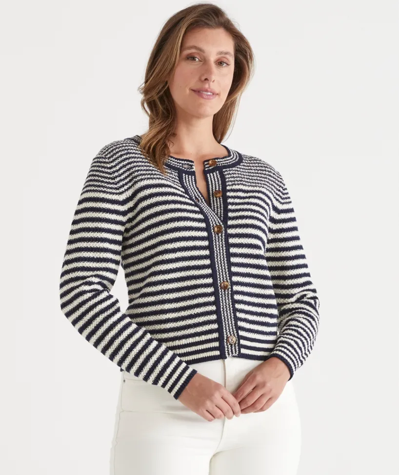 Sussan Knitwear|Knit Cardigans>Striped Crew Neck Cardigan -