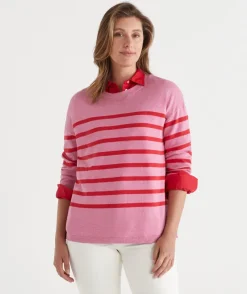 Sussan Tops|Knitwear>Striped Crew Neck Knit Jumper - Red/Pink