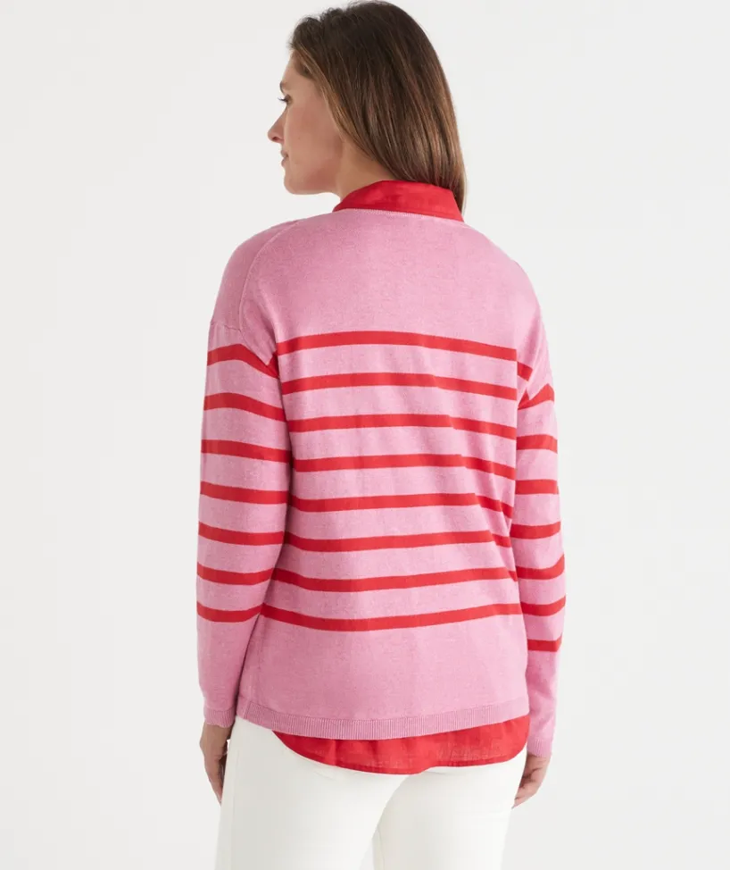 Sussan Tops|Knitwear>Striped Crew Neck Knit Jumper - Red/Pink