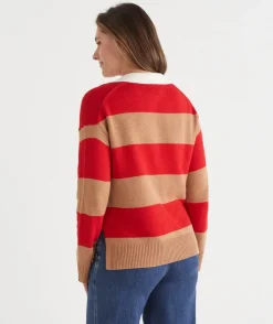 Sussan Tops|Knitwear>Striped Knit Rugby Polo Jumper - Red