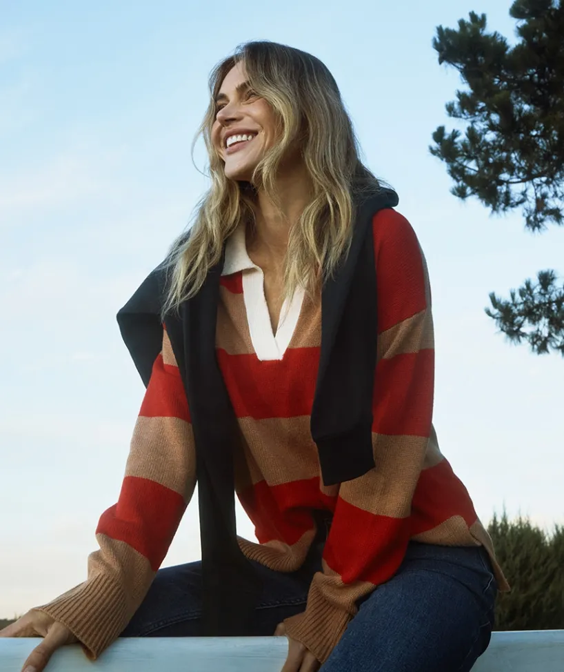 Sussan Tops|Knitwear>Striped Knit Rugby Polo Jumper - Red