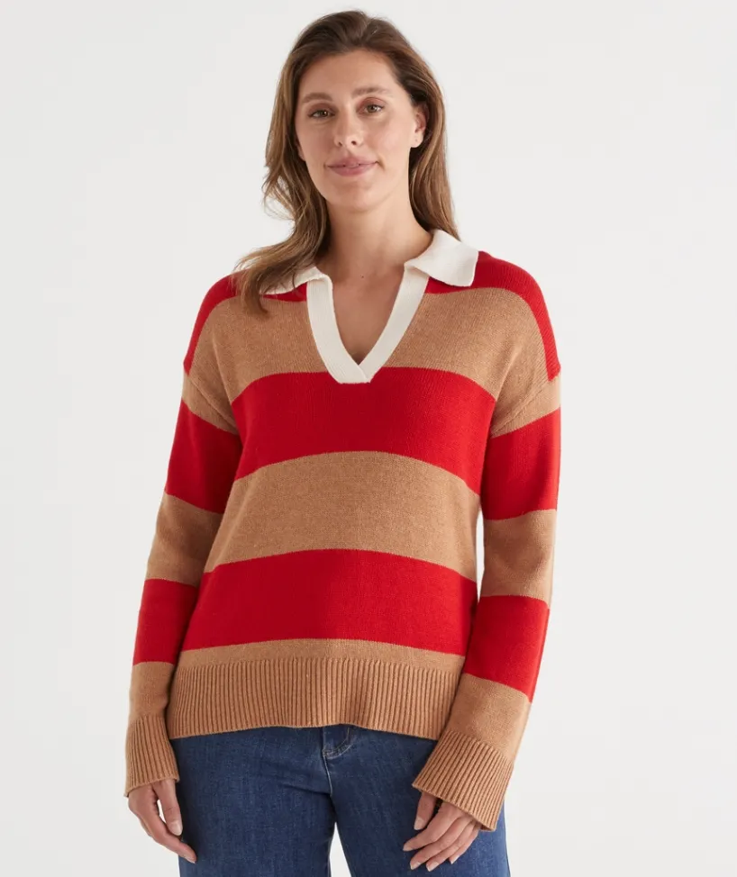 Sussan Tops|Knitwear>Striped Knit Rugby Polo Jumper - Red