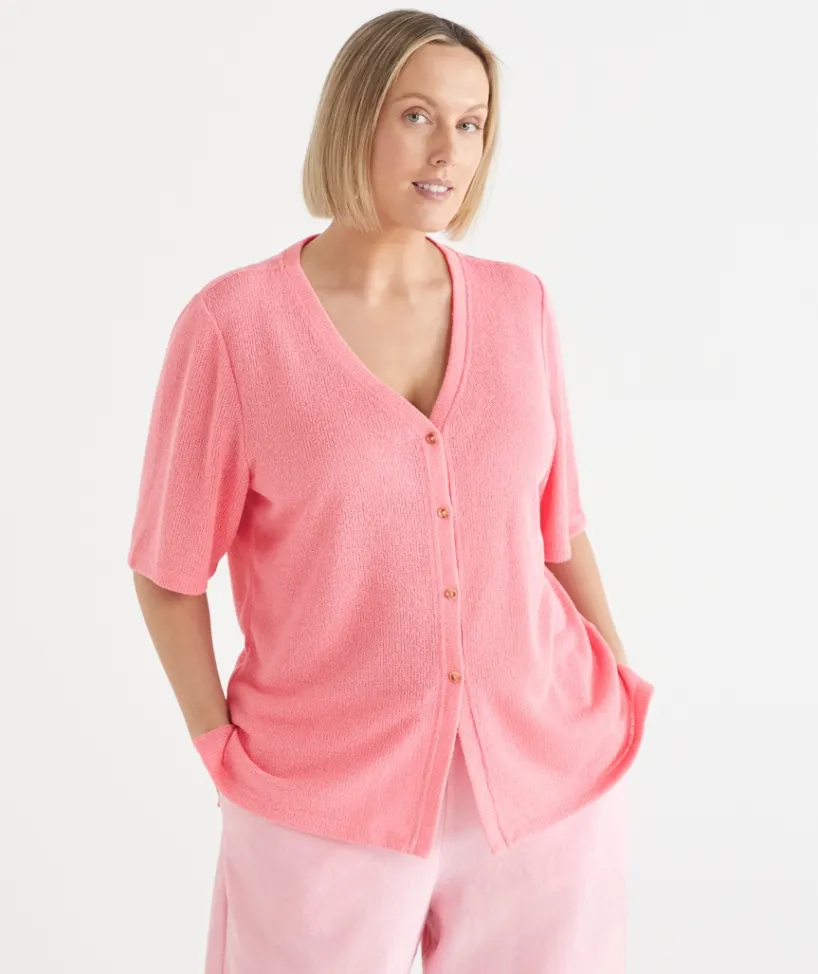 Sussan Tops|T-Shirts>Textured Button Up Short Sleeve Top